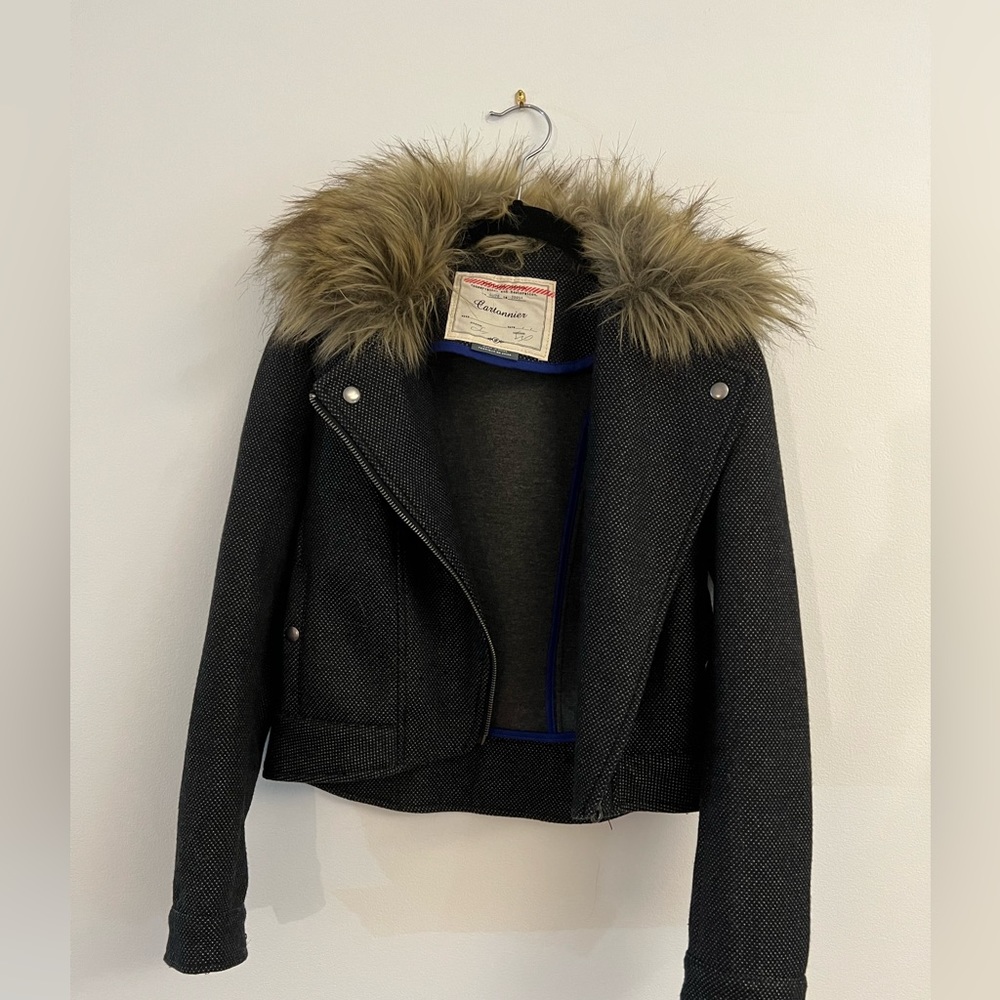 Cropped black and white moto style jacket with removable faux fur collar
